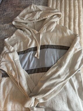 Beige Hooded Pullover with Gray Stripe
